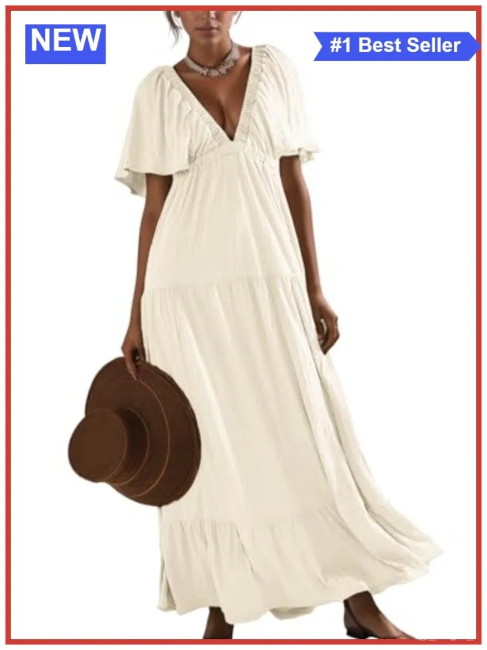 Women's Sexy V-Neck Maxi Dress Tiered Ruffle Flutter Sleeve Backless Elastic